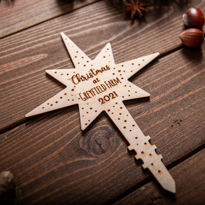 Engraved wooden Christmas tree star topper with custom text