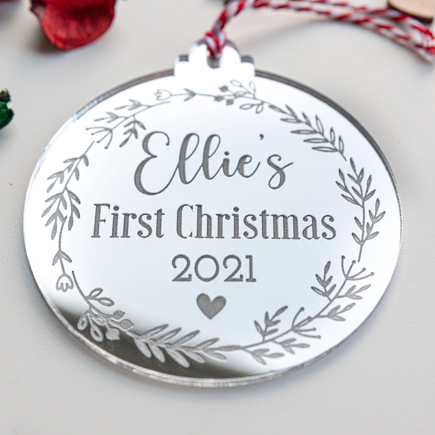 Personalised baby’s first Christmas silver acrylic bauble ornament