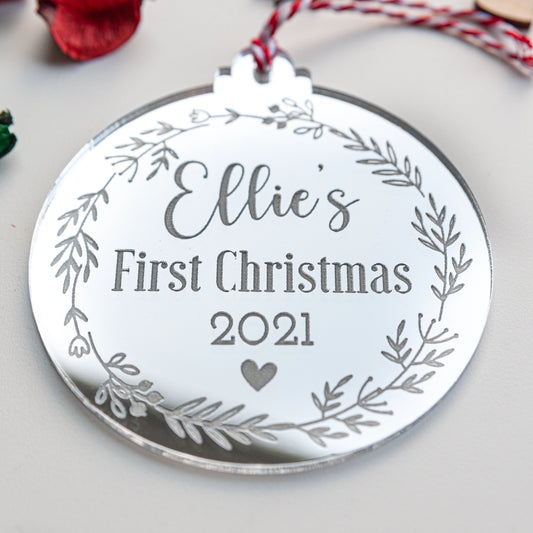 Personalised baby’s first Christmas silver acrylic bauble ornament