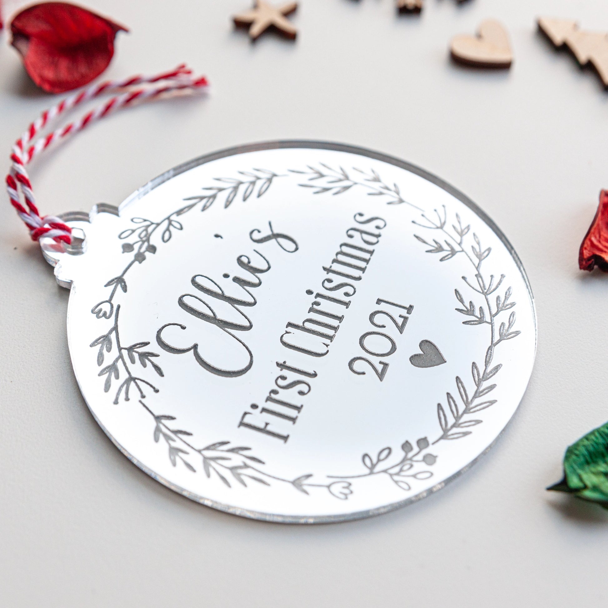 Engraved silver mirror acrylic baby’s first Christmas keepsake bauble
