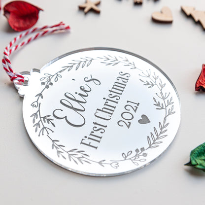 Engraved silver mirror acrylic baby’s first Christmas keepsake bauble