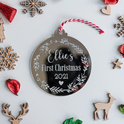 Custom engraved baby name ornament for first Christmas decoration