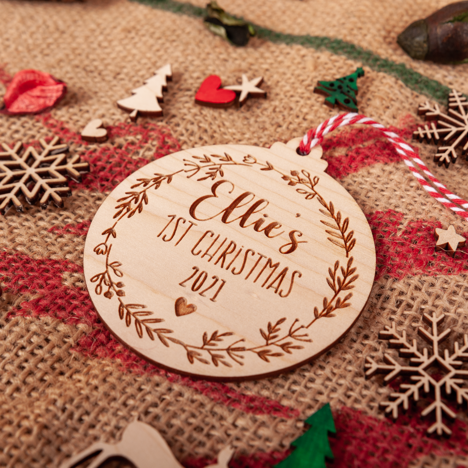 Engraved wooden ornament for baby’s first Christmas tree decoration