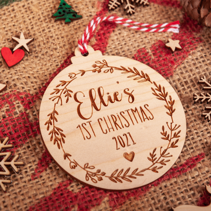 Custom baby name wooden bauble keepsake for first Christmas gift