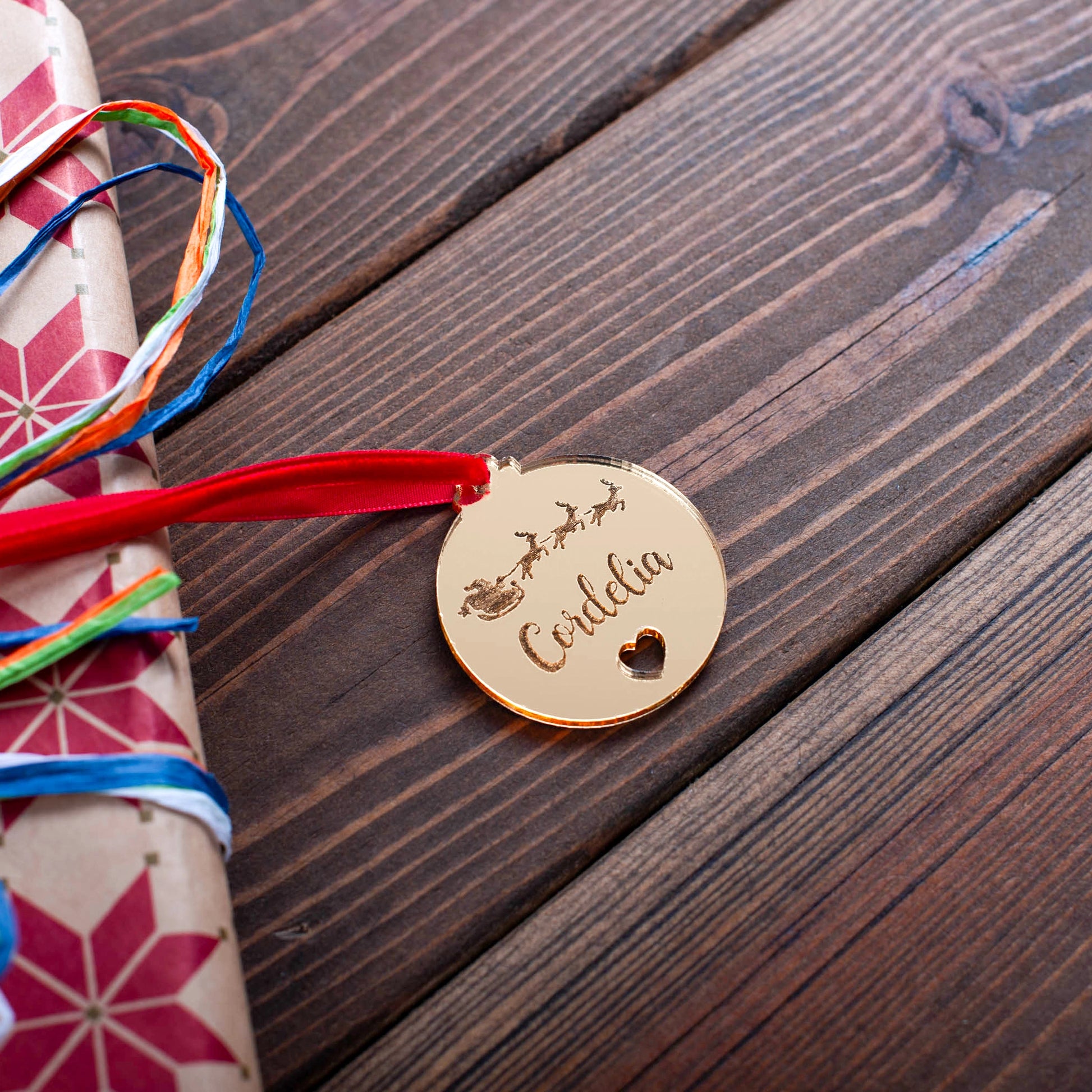 Custom mirror acrylic Christmas bauble tag for festive wrapping