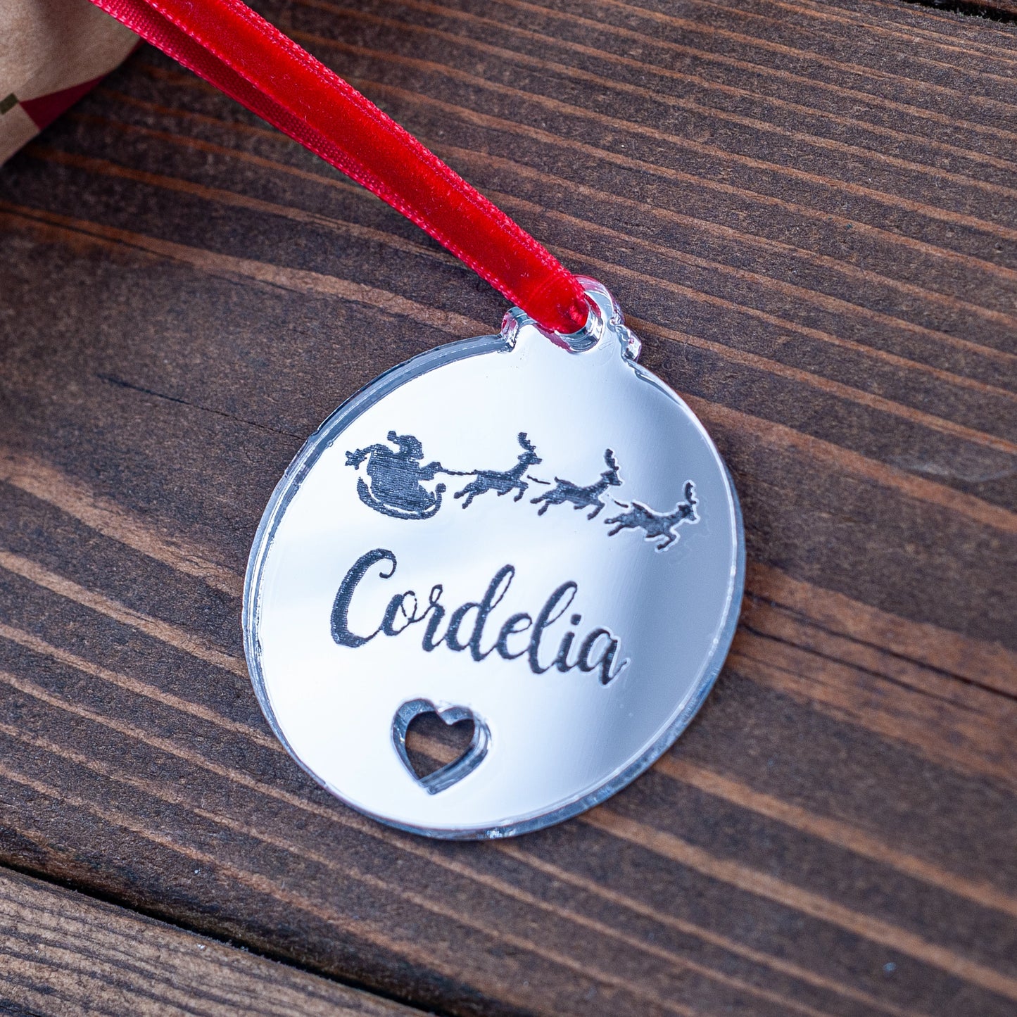 Silver mirror bauble gift tag with heart cut-out and engraved Santa design