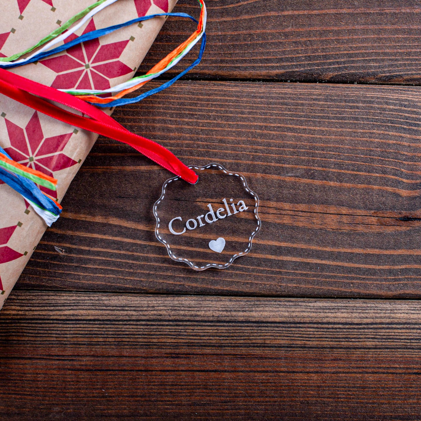 Custom name tag used as personalised Christmas stocking label