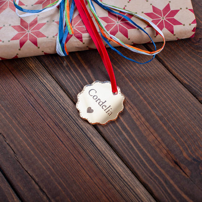 Custom gold mirror bauble tag for festive hampers and stockings