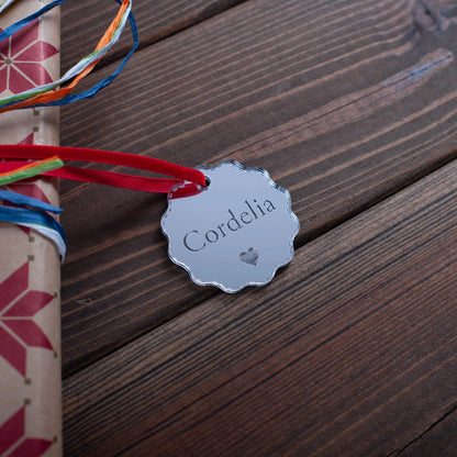 Reusable silver mirror bauble tag for hampers and stockings