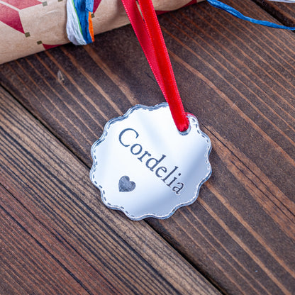 Personalised silver mirror bauble Christmas gift tag engraved with name