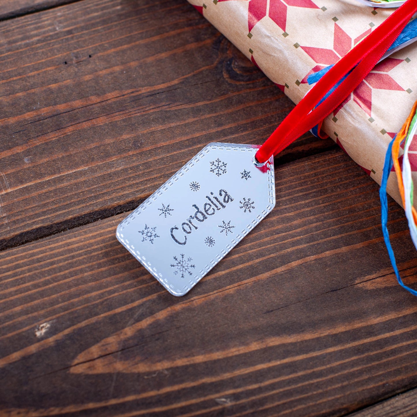 Luxury silver mirror acrylic stocking name tag engraved with name