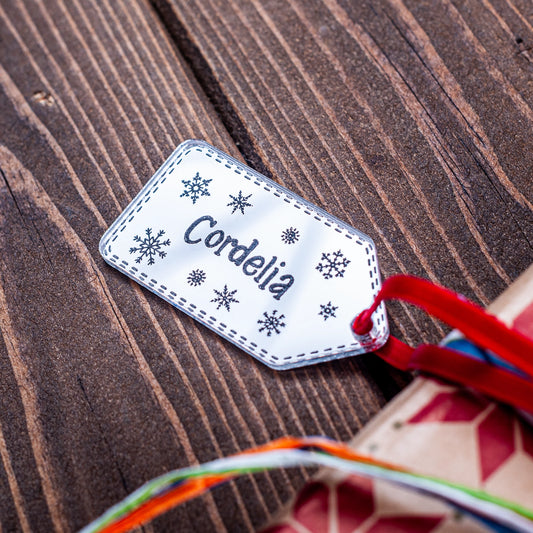 Personalised silver mirror Christmas gift tag with engraved snowflake design