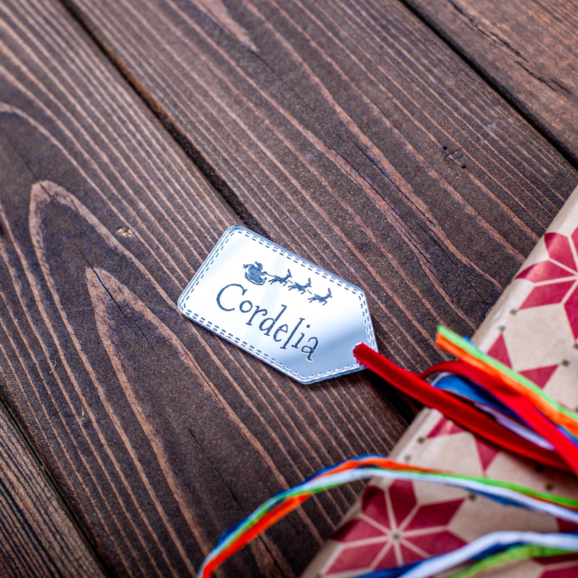 Engraved silver mirror Santa and sleigh decoration for Christmas