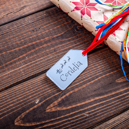 Personalised silver mirror acrylic name tag for festive wrapping