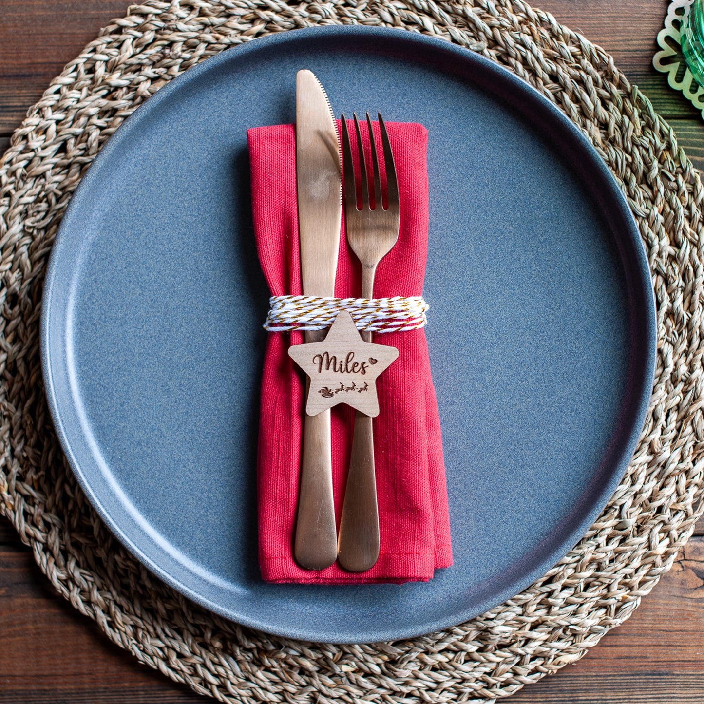 Personalised wooden Christmas dinner tag with Santa and sleigh engraving