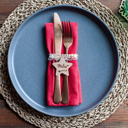Personalised wooden Christmas dinner tag with Santa and sleigh engraving