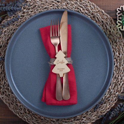 Personalised gold mirror Christmas tree favour for holiday dinner