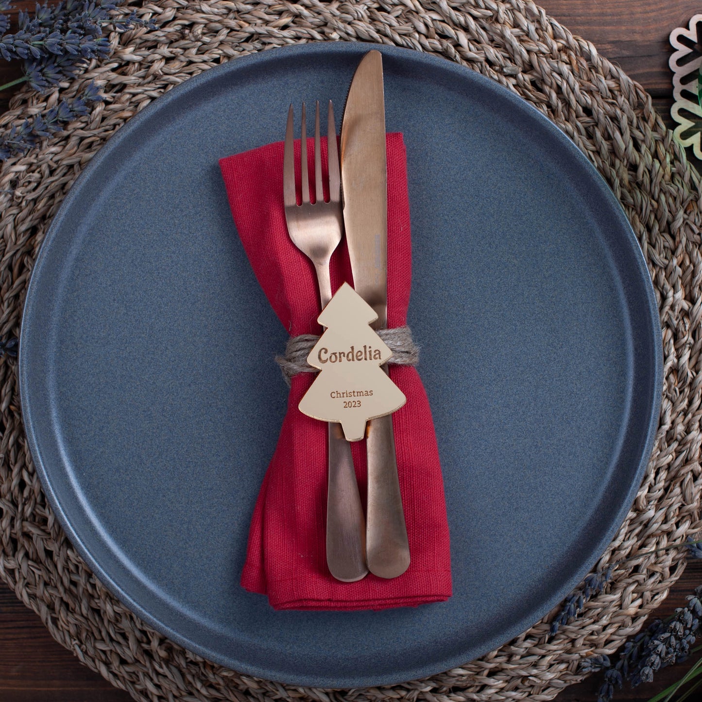 Engraved gold mirror acrylic place card shaped like Christmas tree