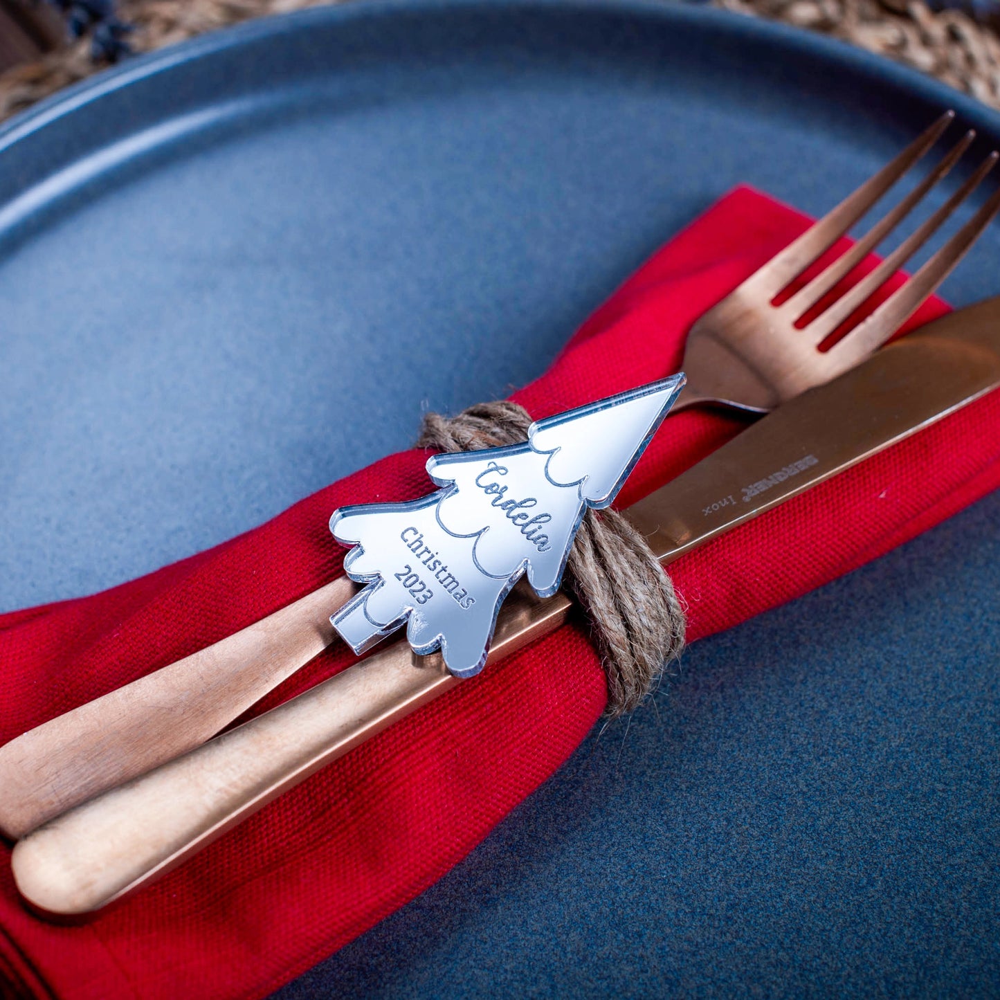 Personalised mirror acrylic Christmas tree favour for winter wedding