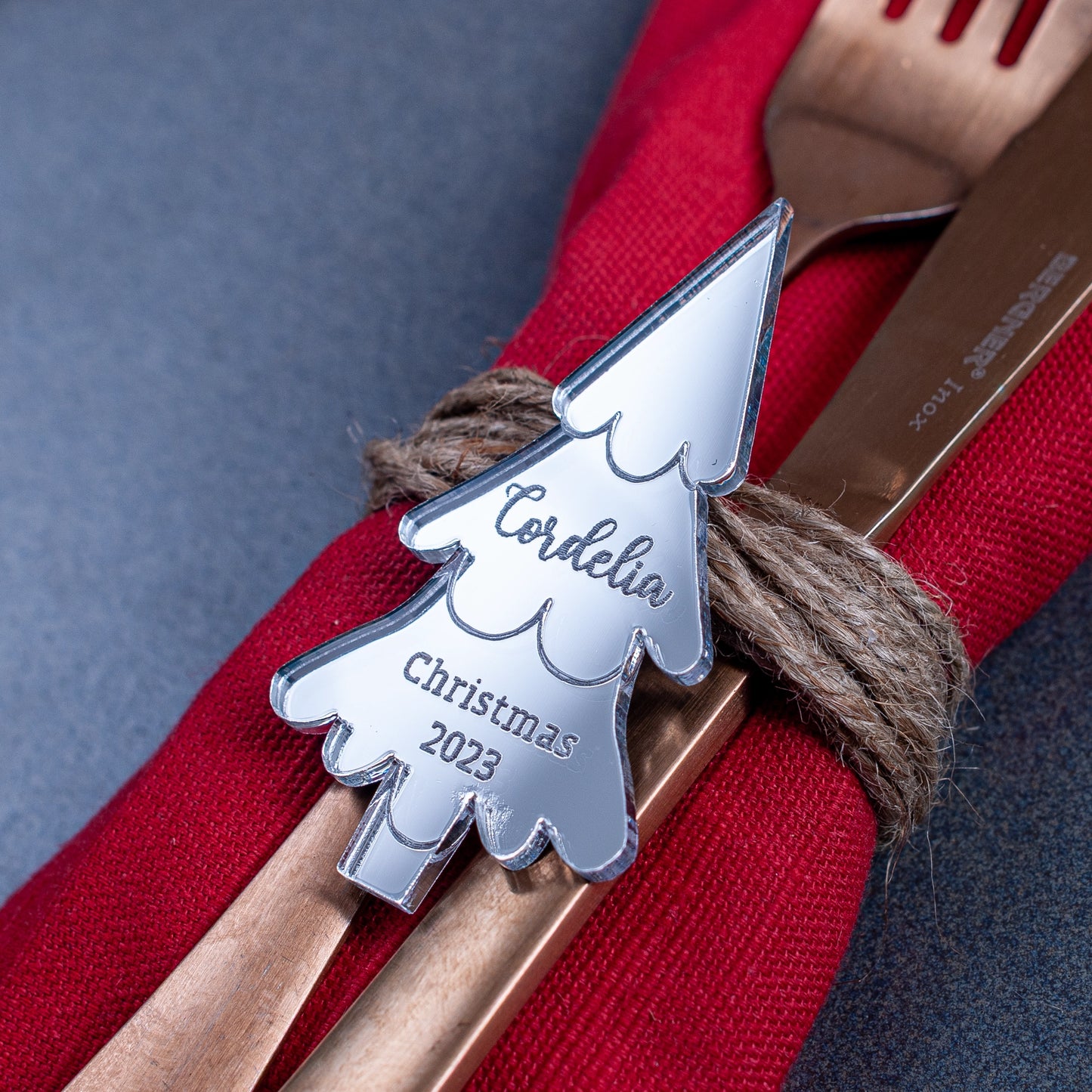 Silver mirror Christmas tree place card engraved with guest name