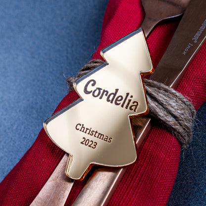 Gold mirror Christmas tree place setting with laser-cut guest name