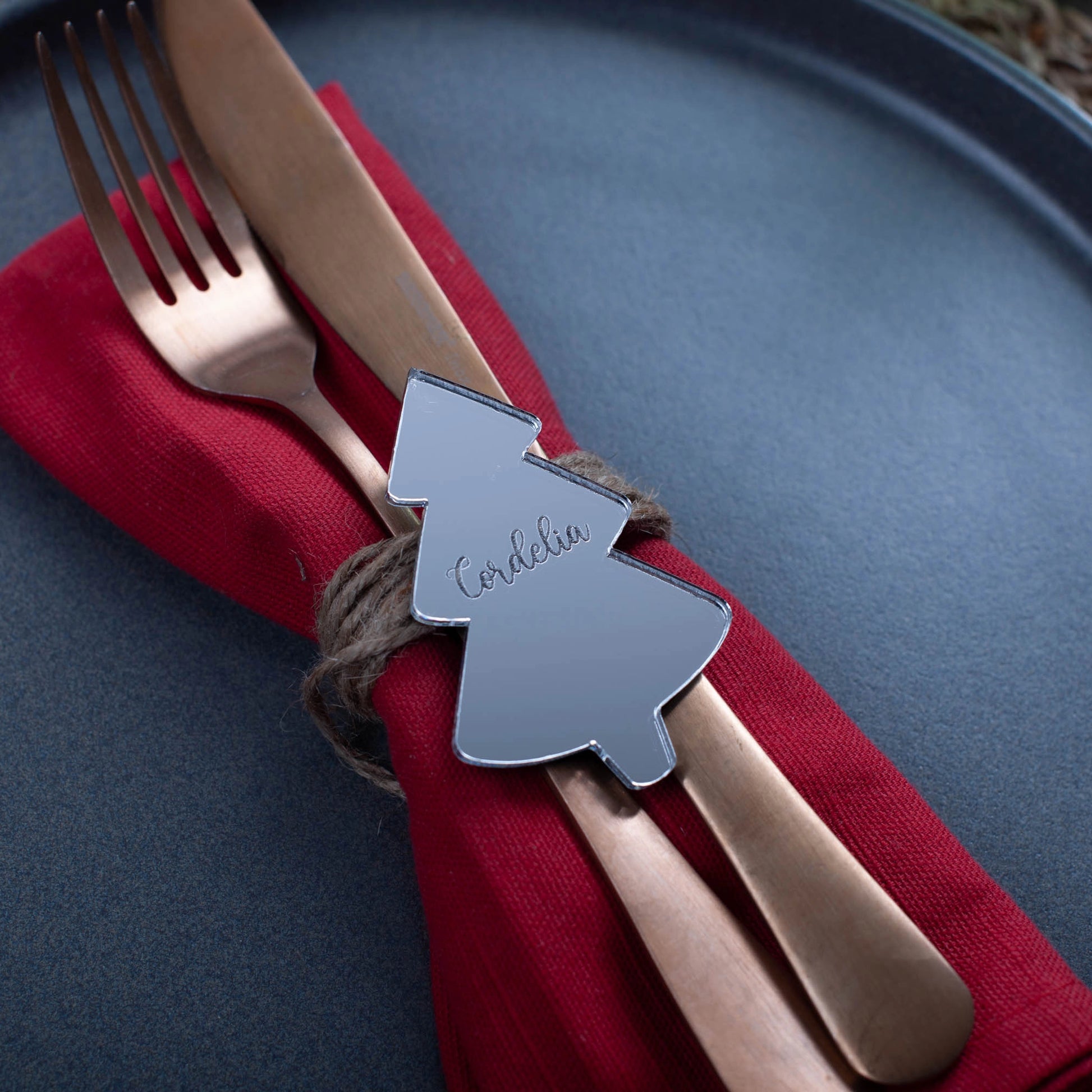 Personalised silver mirror acrylic Christmas tree name tag on festive table