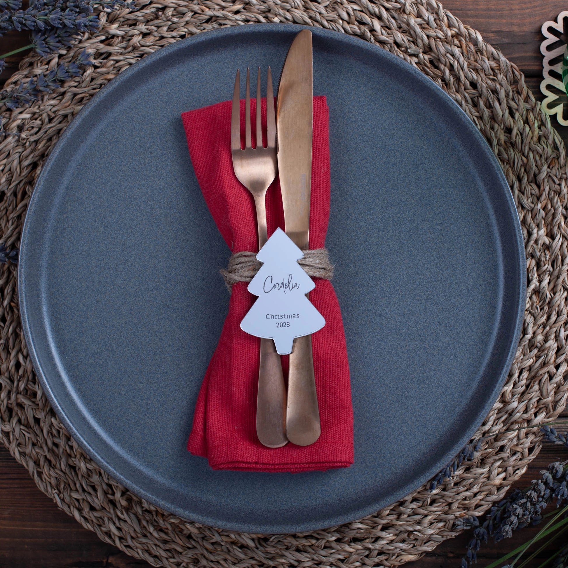 Engraved silver acrylic Christmas tree décor with custom name