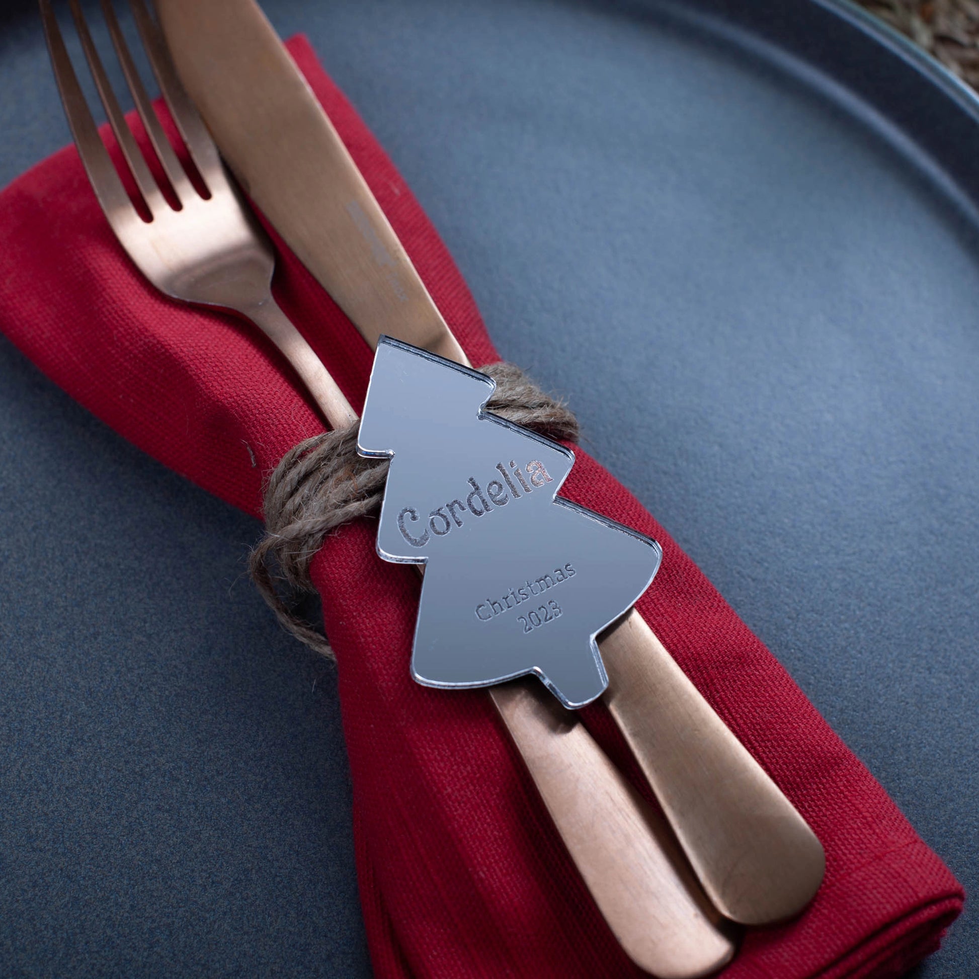 Personalised silver mirror Christmas tree favour for dinner party