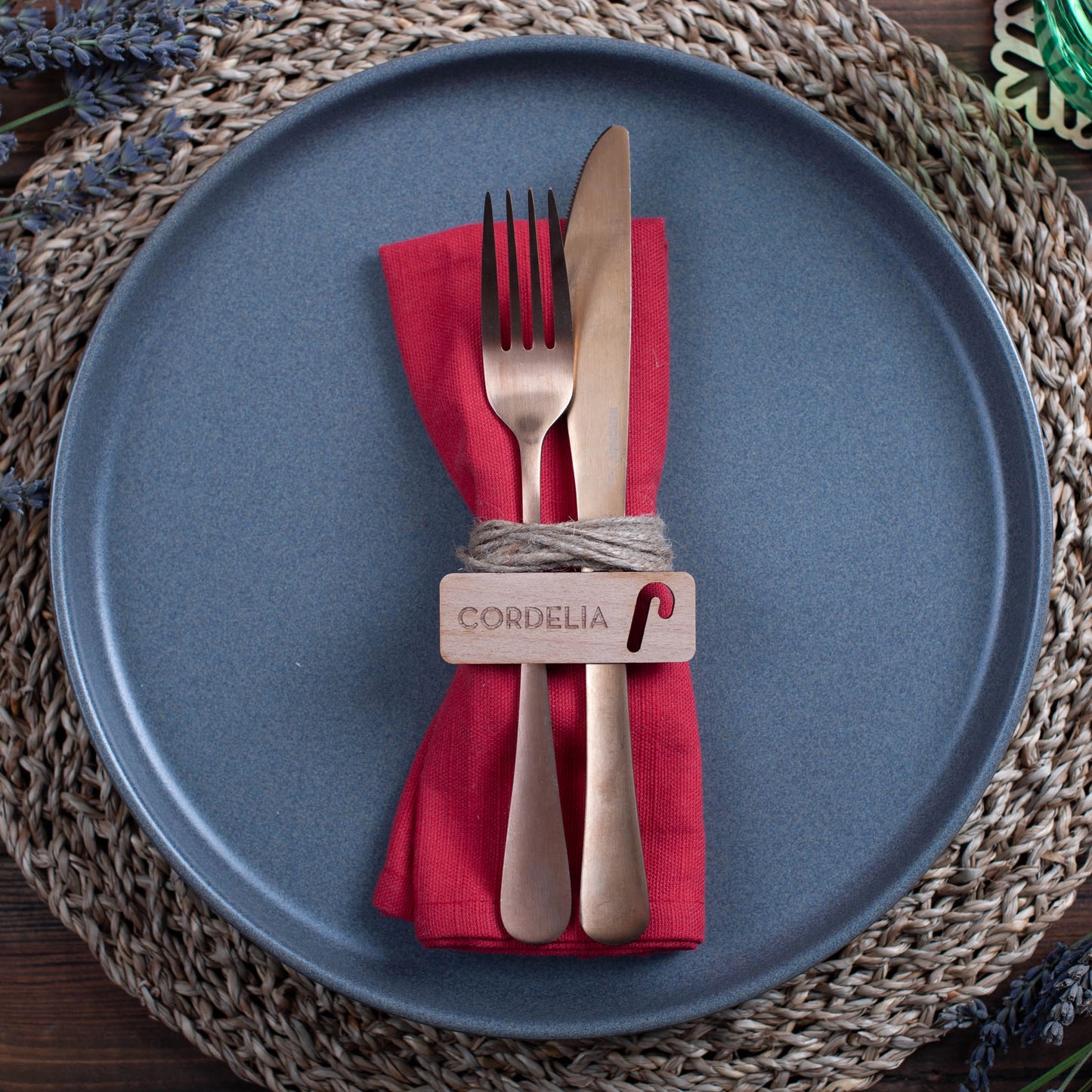 Rectangle wooden Christmas name tag with ornament and candy cane