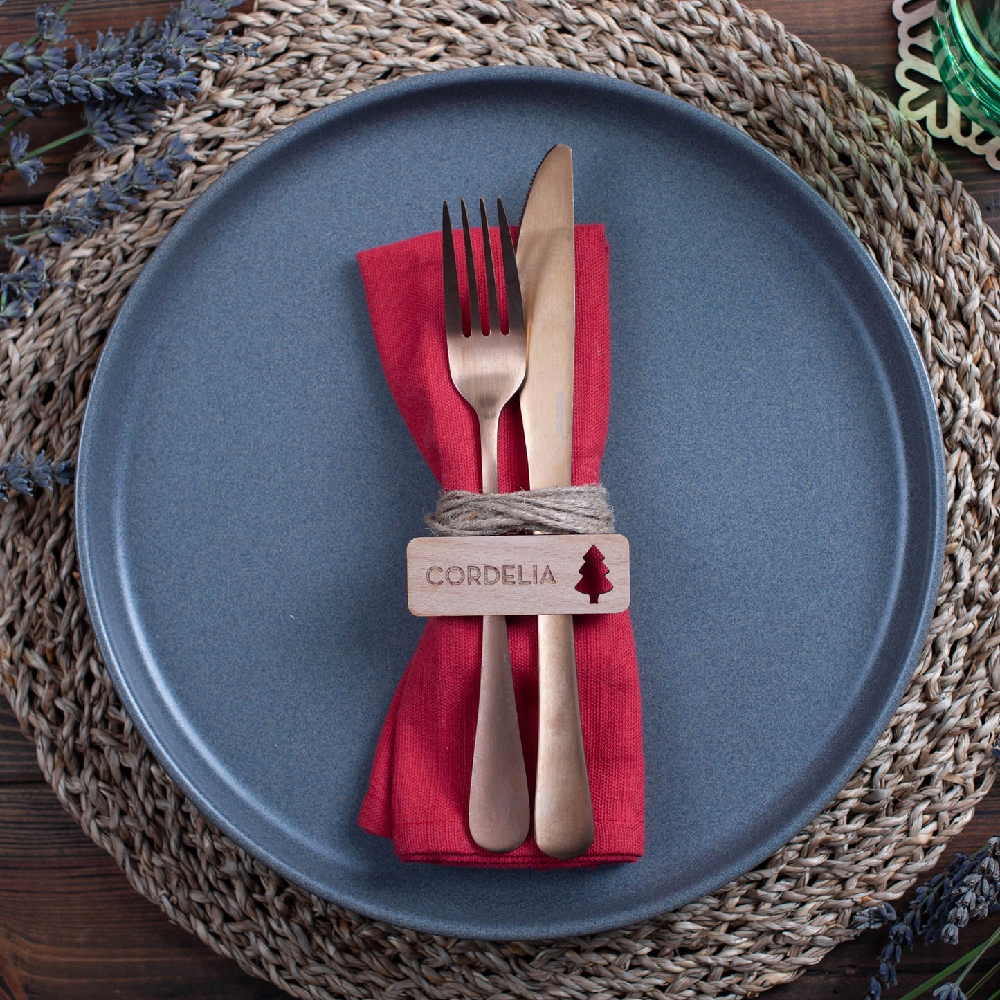 Personalised wooden Christmas tag used as place setting décor