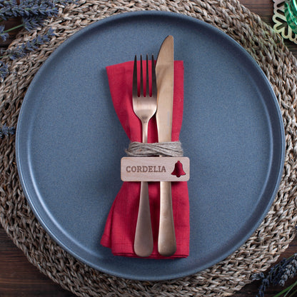 Wooden rectangle Christmas name tag with engraved personalisation bell cut-out