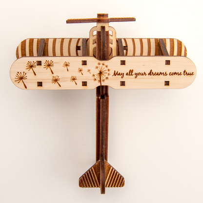 3D wooden airplane puzzle model made with laser-cut pieces