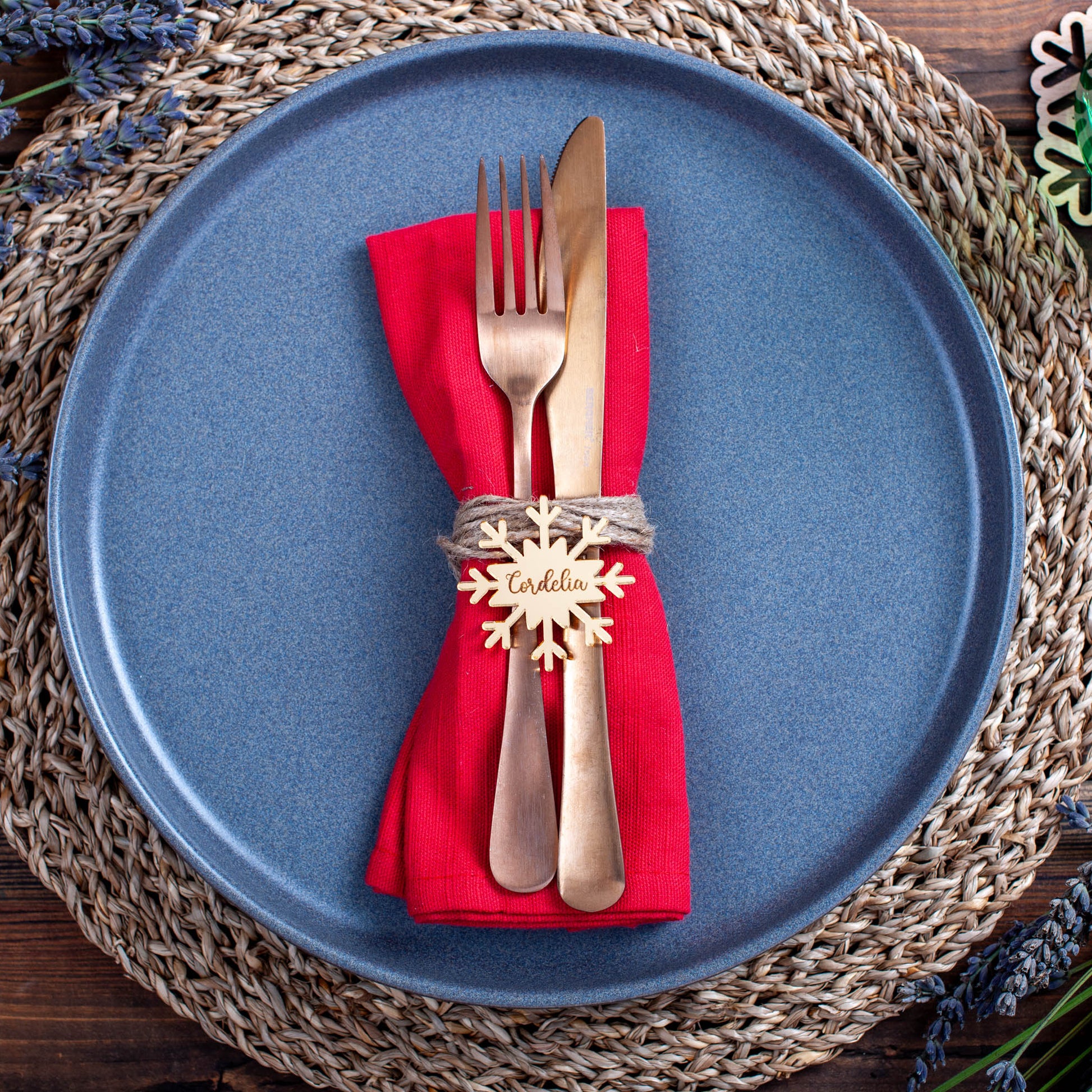 Close-up of personalised snowflake ornament used as table name