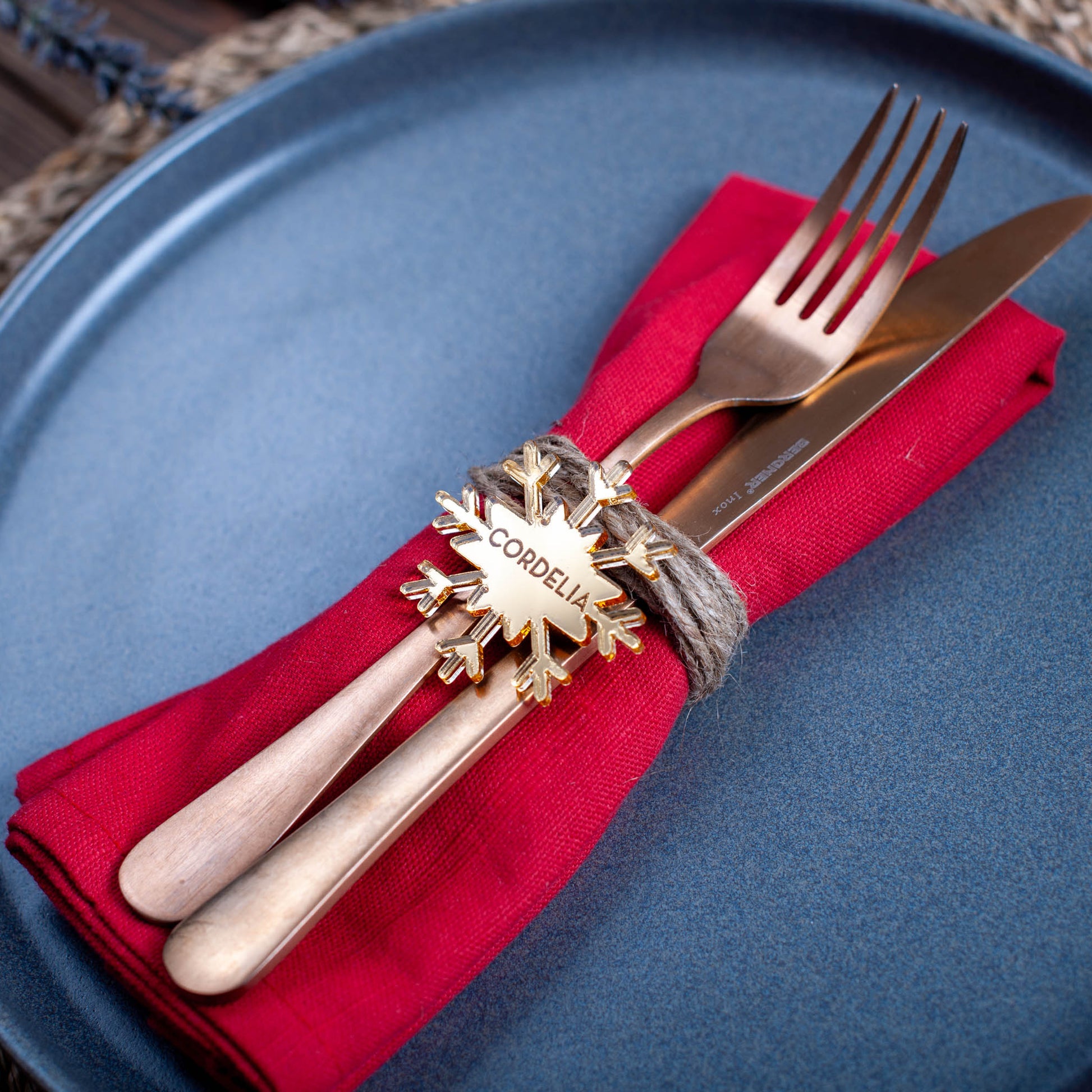 Personalised snowflake detail on modern holiday tablescape