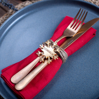 Personalised snowflake detail on modern holiday tablescape
