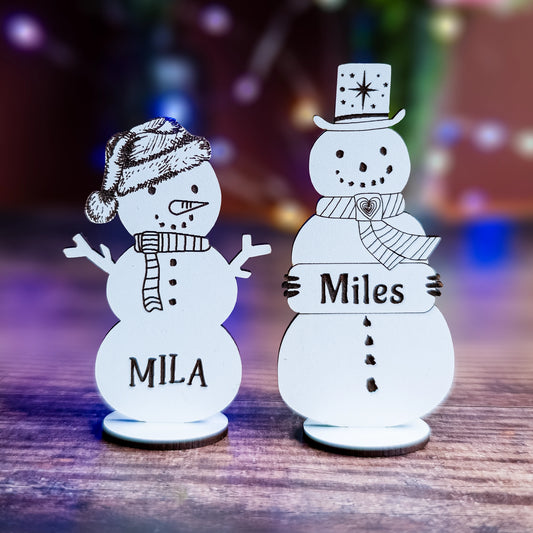 Personalised white MDF snowman place setting name tag for Christmas table