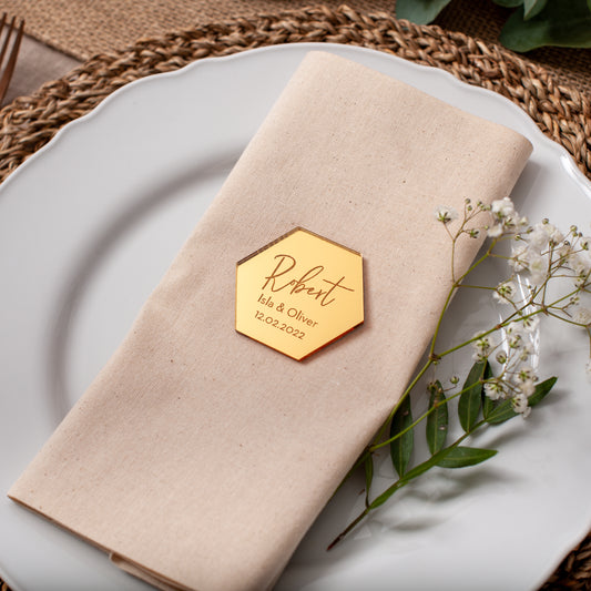 Hexagon mirror personalised acrylic place names engraved for wedding table settings