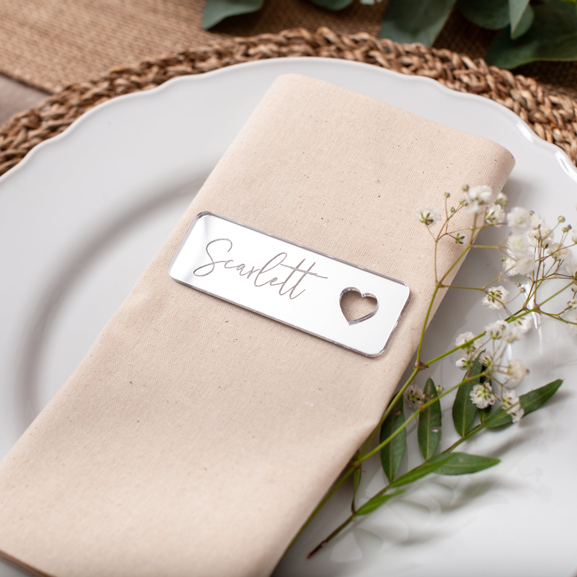 Personalised wedding place cards in premium mirror acrylic finish without tassel option