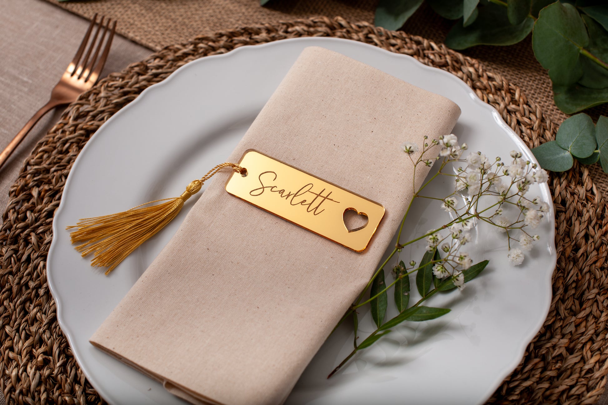 Personalised acrylic wedding place cards with mirror name tags and heart cut-out detail