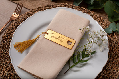 Personalised acrylic wedding place cards with mirror name tags and heart cut-out detail