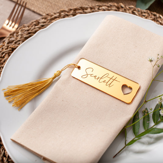 Personalised acrylic wedding place cards with mirror name tags and heart cut-out
