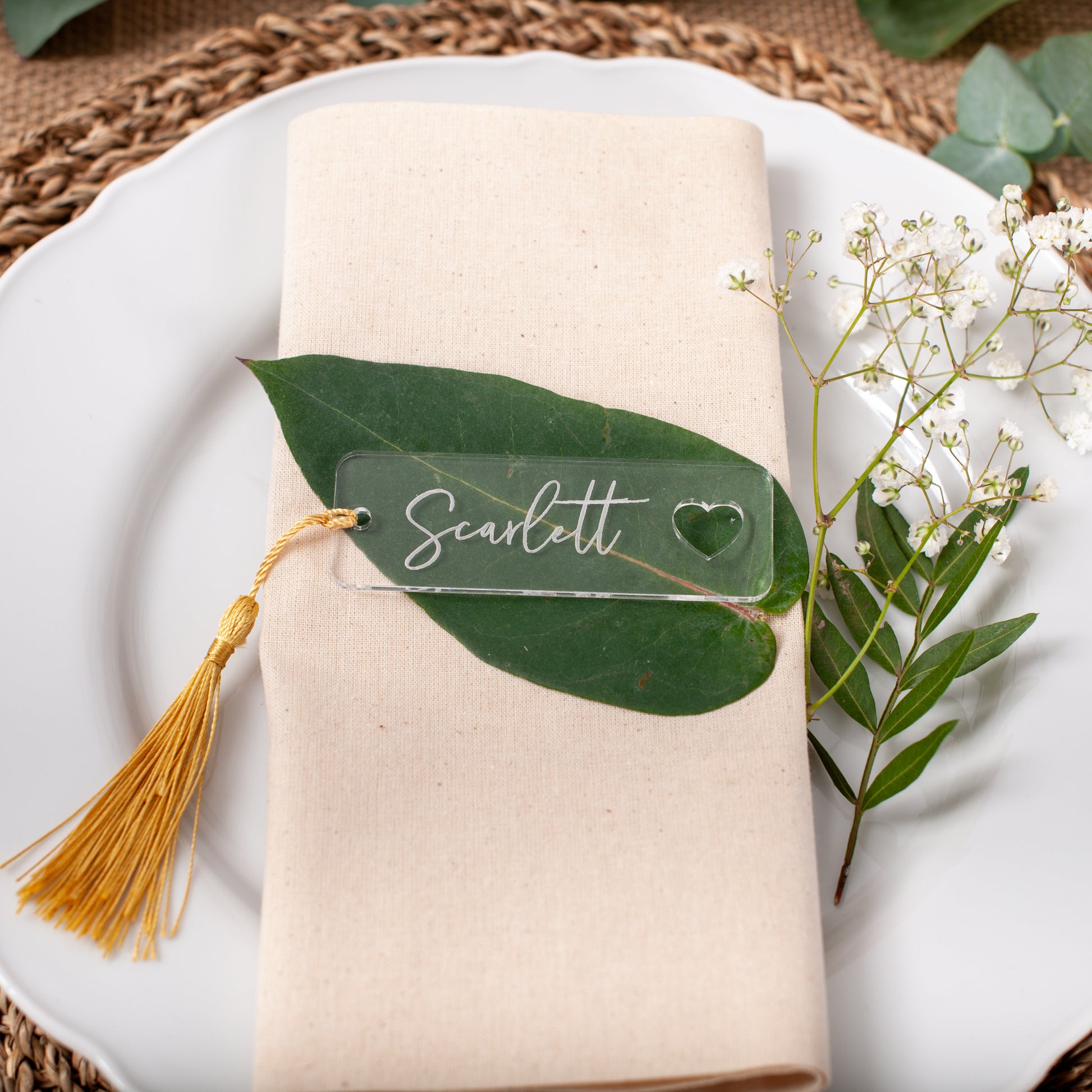 Wedding place cards available in premium acrylic finishes and wooden options