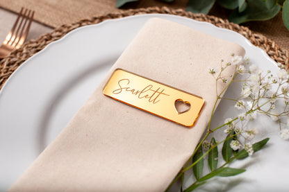 Personalised wedding place cards in premium gold mirror acrylic finish without tassel option