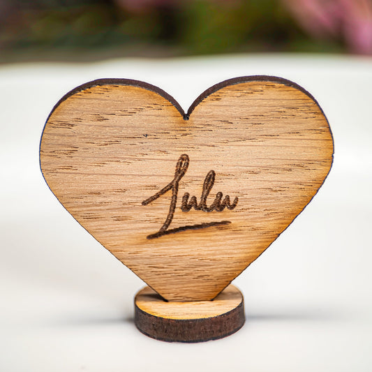 Personalised wooden heart name card free standing with engraved guest name