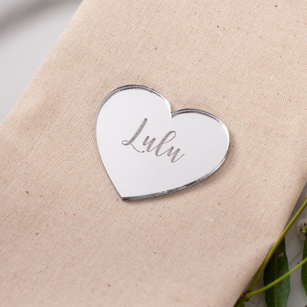 Personalised acrylic heart name tag engraved with guest name for wedding reception