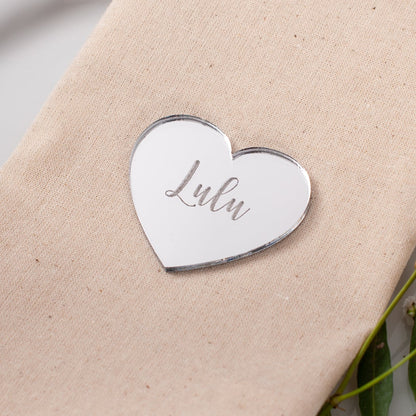 Personalised acrylic heart name tag engraved with guest name for wedding reception