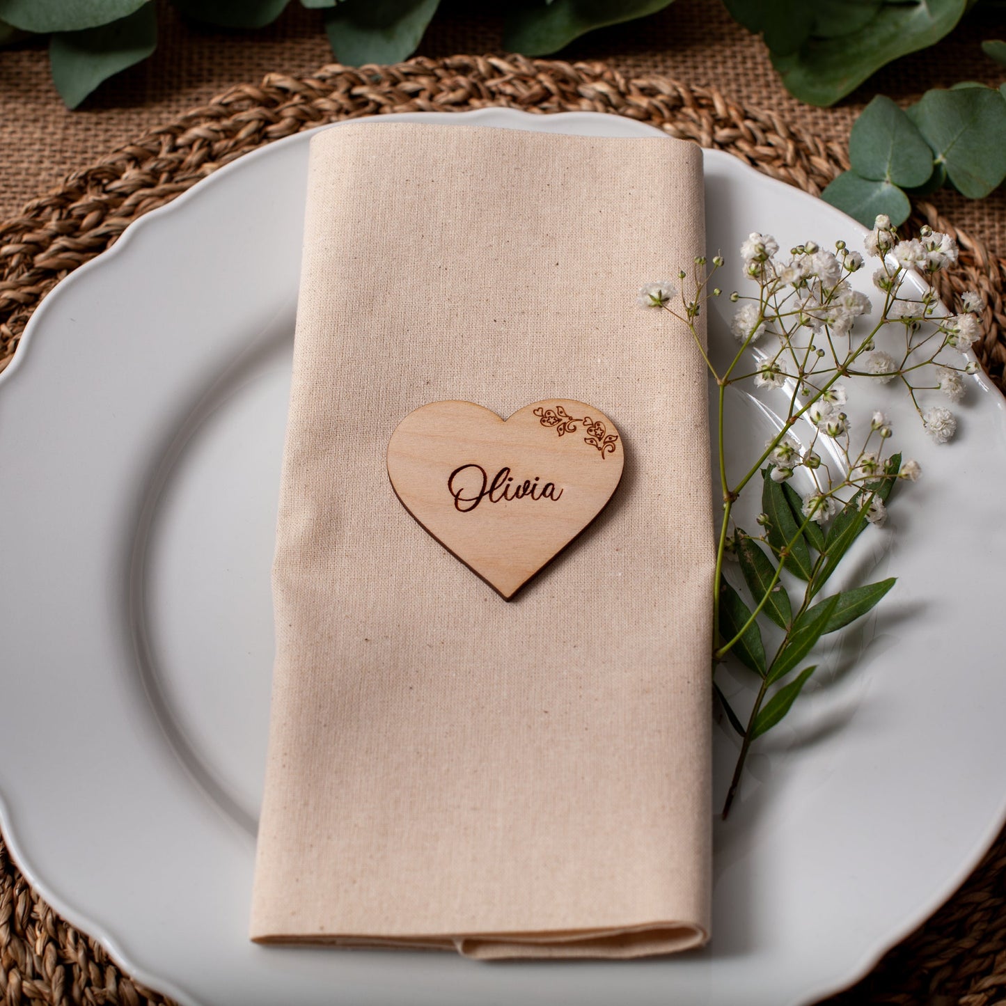 Engraved wooden floral heart name place for rustic wedding decor