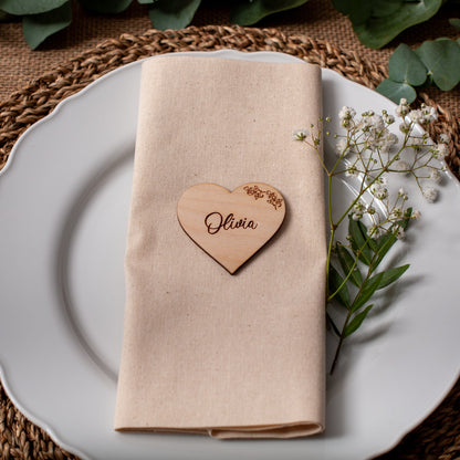 Engraved wooden floral heart name place for rustic wedding decor