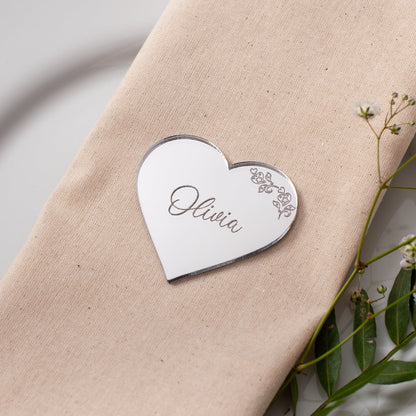 Personalised acrylic heart place card engraved with guest name for wedding