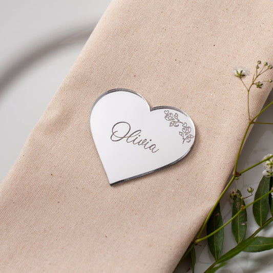 Personalised acrylic heart place card engraved with guest name for wedding